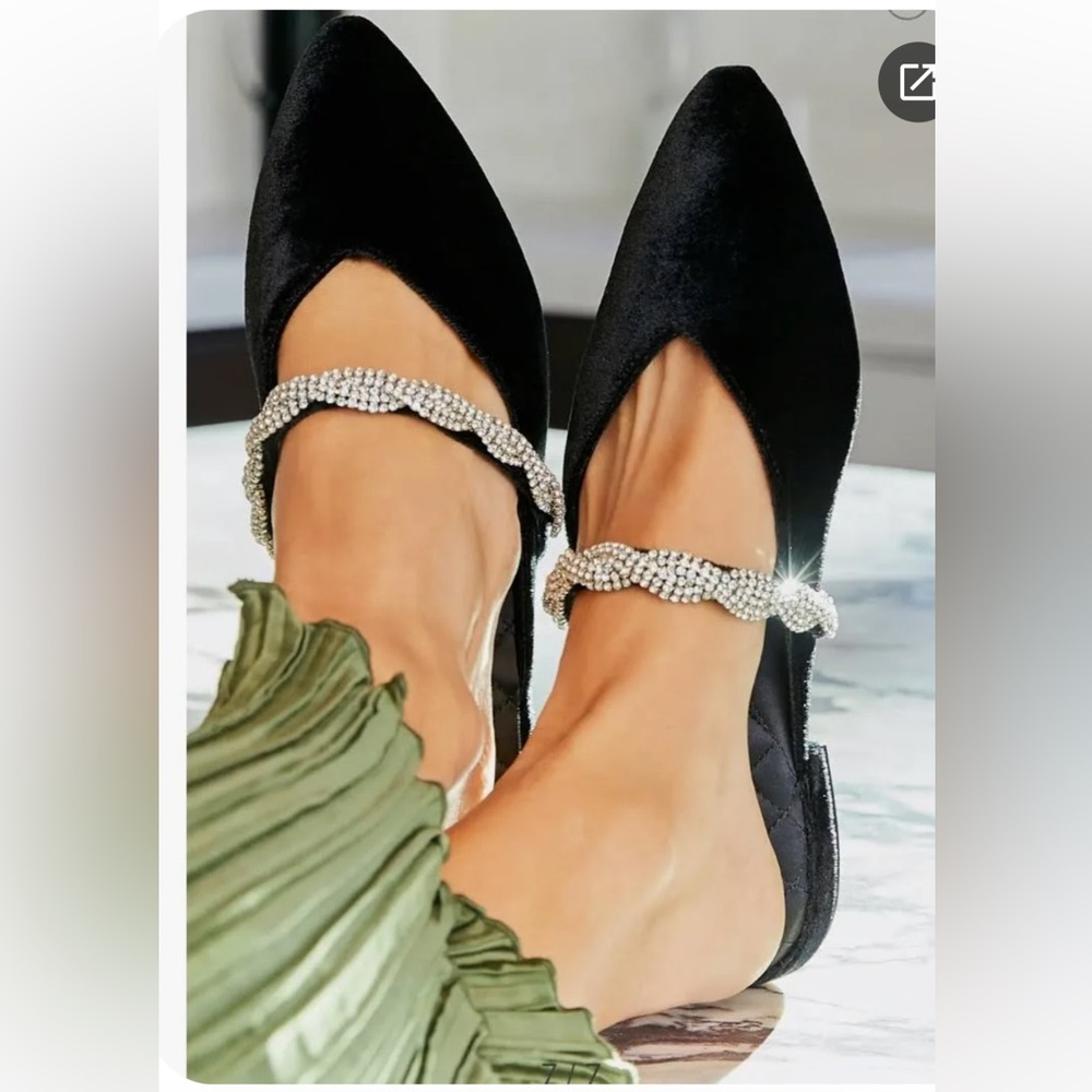Birdies Black Velvet Mules with Rhinestone Detail